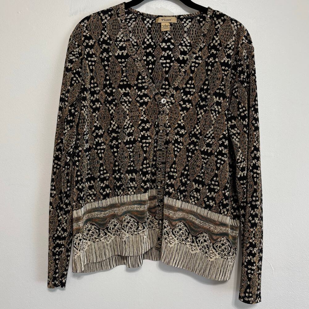 Plisse Abstract Micro Pleated Cardigan Size L Black Gold